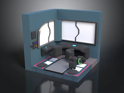 Futuristic Interior Design With Blue Walls Curved Windows Black Sofa And Colored Floor Mats 3d model