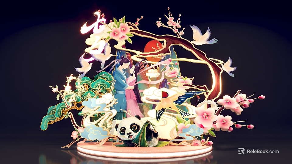 Chinese Themed Glowing 3D Decorative Art With Ancient Figures Panda Cranes And Peach Blossoms 3d model 