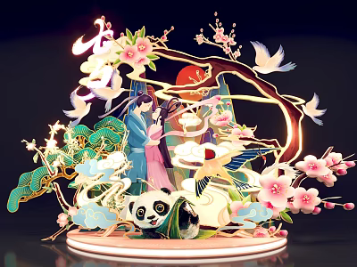 Chinese Themed Glowing 3D Decorative Art With Ancient Figures Panda Cranes And Peach Blossoms 3d model