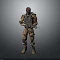 Combat Character In Armored Suit With Biological Pattern Holding Rifle And Helmet 3d model