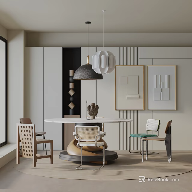 Modern Dining Table Set With Round Table Mixed Design Chairs Pendant Lights And Wall Art 3d model 