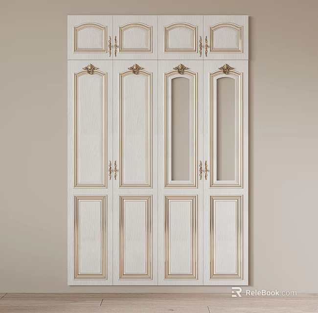 Elegant White Wardrobe Doors With Paneled Glass And Decorative Metal Handles 3d model 