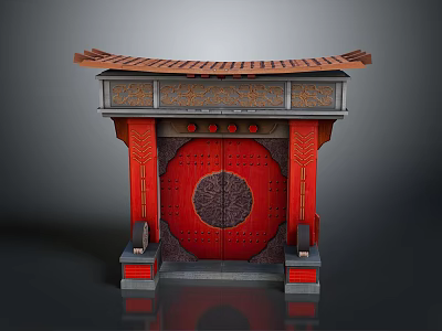 Traditional Chinese Entrance Gate With Red Doors Circular Pattern And Decorative Roof 3d model