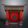 Traditional Chinese Entrance Gate With Red Doors Circular Pattern And Decorative Roof