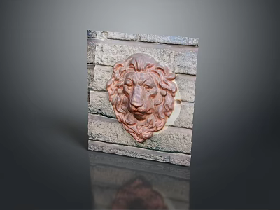 Rustic Lion Head Sculpture Mounted On Textured Gray Brick Wall 3d model