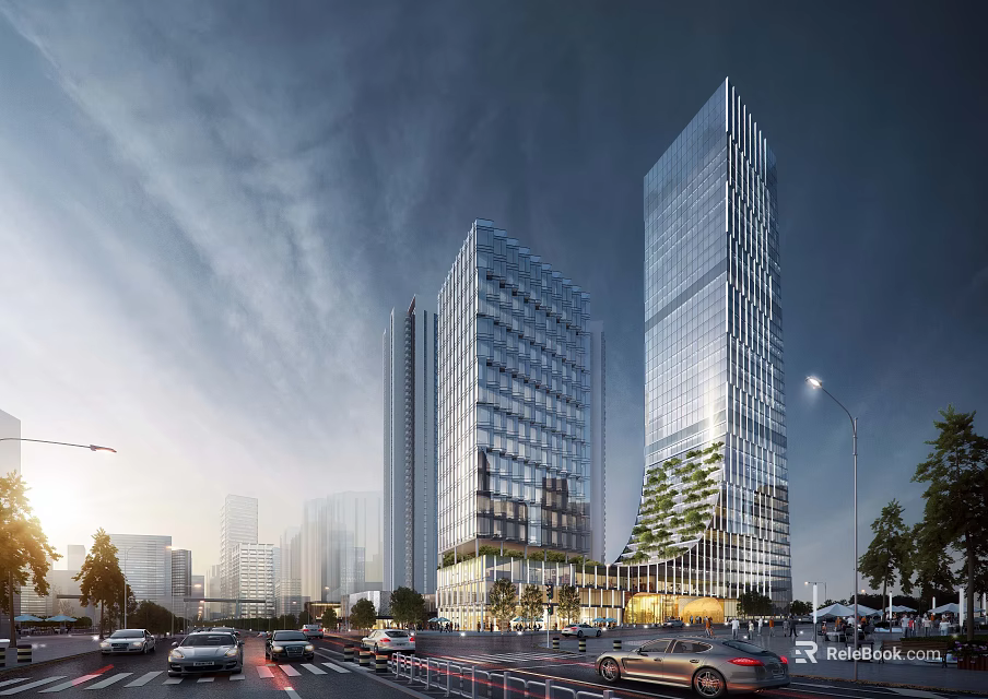 Modern High Rise Office Building with Glass Facade Greenery Urban Street View And Vehicles 3d model 