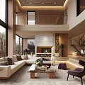 Modern Duplex Living Room Interior With High Ceiling Large Windows And Fireplace 3d model