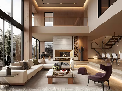 Modern Duplex Living Room Interior With High Ceiling Large Windows And Fireplace 3d model