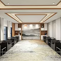 Hotel Public Lounge Area With Black Sofas Reception Desk Wooden Walls And Large Windows