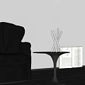 Modern Metal Table Lamp With Lit Lights On Round Side Table By Black Leather Sofa In Gray Background