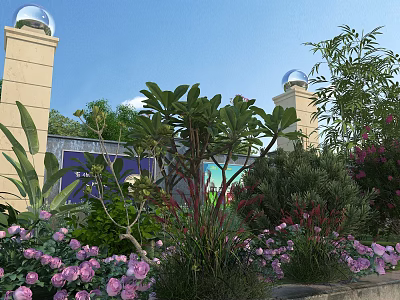 Beautiful Garden Landscape With Lush Green Plants Blooming Purple Flowers And Decorative Stone Pillars 3d model