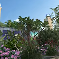 Beautiful Garden Landscape With Lush Green Plants Blooming Purple Flowers And Decorative Stone Pillars