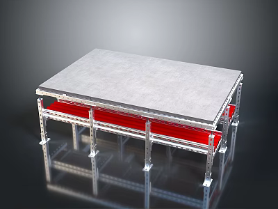 Modern Metal Frame Table With Gray Tabletop And Red Supports On Reflective Surface 3d model