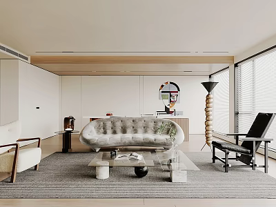 Minimalist Living Room Interior With Curved Sofa Wooden Cabinet Floor Lamp And Coffee Table 3d model