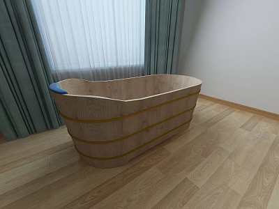 Cozy Natural Bathroom Featuring Handcrafted Wooden Bathtub And Smooth Wood Flooring Beside Large Window Curtains 3d model