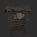 Ancient Wooden Noticeboard Structure With Thatched Roof And Paper Scroll