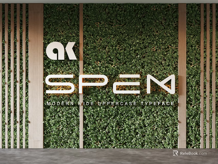 Greenery Wall Installation With Vertical Wooden Slats And Brand Logos 3d model 