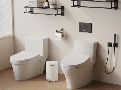 Modern White Toilets in Bathroom with Wall Shelves Trash Bin and Black Accessories 3d model