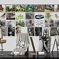 Creative Studio Display Of Musical Instruments And Art Supplies With Easels Sketches Guitars And Canvases