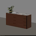 Brown Wooden Chest of Drawers with Marble Top and Decorative Green Vase with Flowers