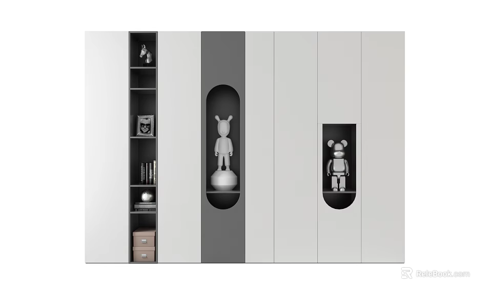 Modern Decorative Cabinet with White and Gray Design and Decorative Figurines on Shelves with Books 3d model 