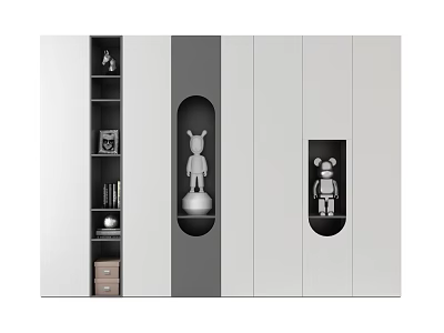 Modern Decorative Cabinet with White and Gray Design and Decorative Figurines on Shelves with Books 3d model