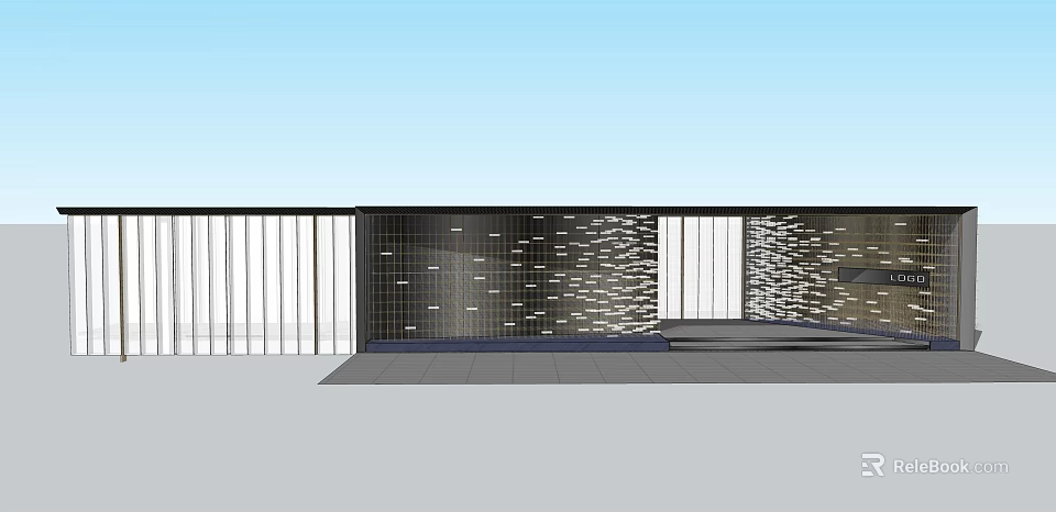Modern Entrance Gate Design With Slatted Panels Glass And Textured Wall Gray Flooring 3d model 