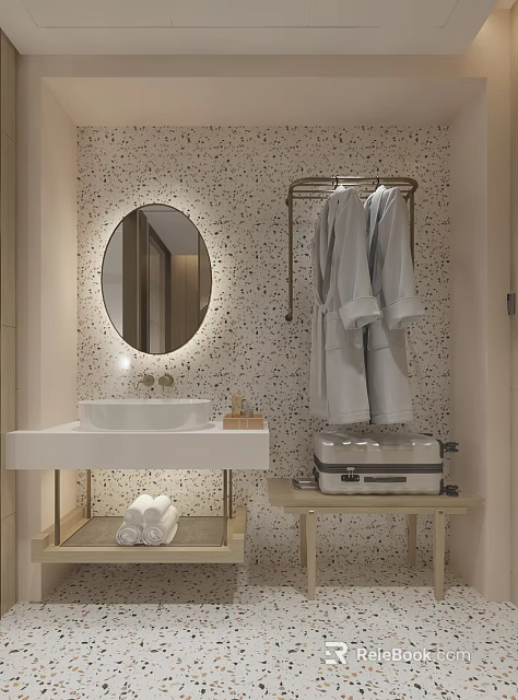 SPA Sauna Interior With Round Mirror Sink Hanging Robes Folded Towels And Speckled Wall 3d model 