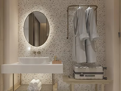 SPA Sauna Interior With Round Mirror Sink Hanging Robes Folded Towels And Speckled Wall 3d model