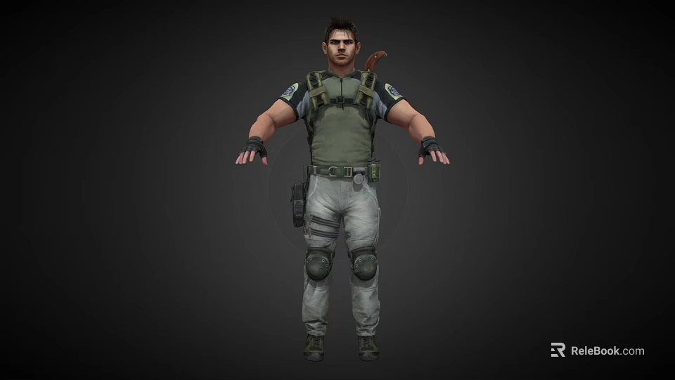 Man In Green Tactical Vest With Elbow Pads And Gray Pants Standing Against Dark Background 3d model 