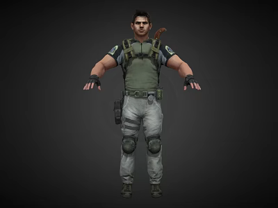 Man In Green Tactical Vest With Elbow Pads And Gray Pants Standing Against Dark Background 3d model