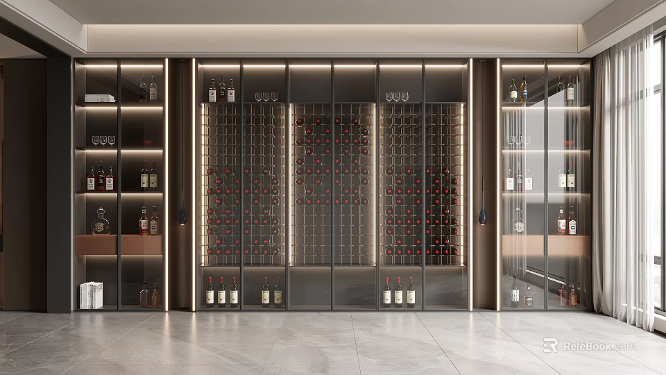 Modern Wine Cabinet Design With Glass Doors Wine Bottles Storage And Interior Lighting 3d model 
