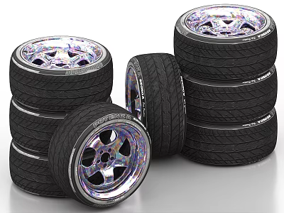Stacked Black Tires With Shiny Metallic Rims And Detailed Tread Patterns 3d model