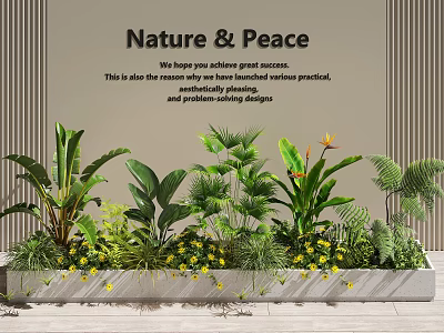 Peaceful Garden Landscape With Banana Plants Ferns Yellow Flowers In Rectangular Planter Against Beige Wall 3d model
