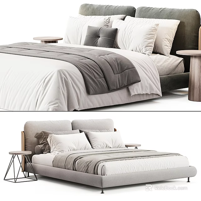 Modern Double Bed Interior With White Bedding Gray Pillows Blanket And Wooden Side Tables 3d model 