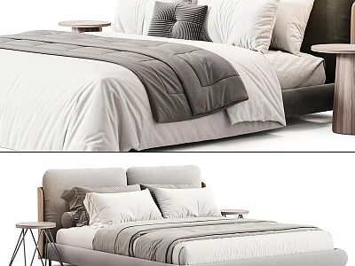 Modern Double Bed Interior With White Bedding Gray Pillows Blanket And Wooden Side Tables 3d model