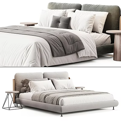 Modern Double Bed Interior With White Bedding Gray Pillows Blanket And Wooden Side Tables 3d model