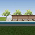 Outdoor Pergola in Backyard With Swimming Pool Wooden Deck Loungers And Trees