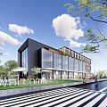 Modern Office Building With Glass Curtain Wall Entrance Design And Surrounding Trees