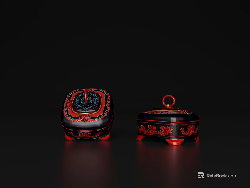 Traditional Red And Black Lacquer Boxes With Intricate Patterns And Ring Handles On Black Background 3d model 