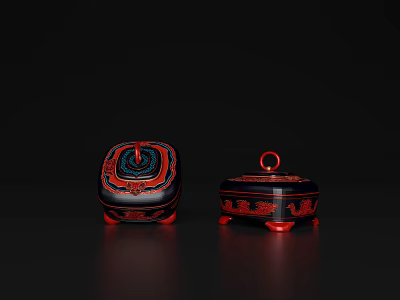 Traditional Red And Black Lacquer Boxes With Intricate Patterns And Ring Handles On Black Background 3d model