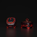 Traditional Red And Black Lacquer Boxes With Intricate Patterns And Ring Handles On Black Background 3d model