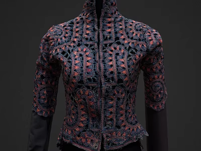 Intricate Floral Embroidery High Neck Short Sleeve Jacket With Exquisite Dark Red Orange Patterns 3d model