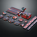 Red Black Geometric Modular Tech Components With Glowing Elements And Assembled Parts 3d model
