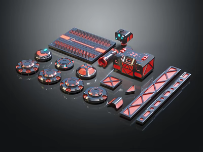 Red Black Geometric Modular Tech Components With Glowing Elements And Assembled Parts 3d model