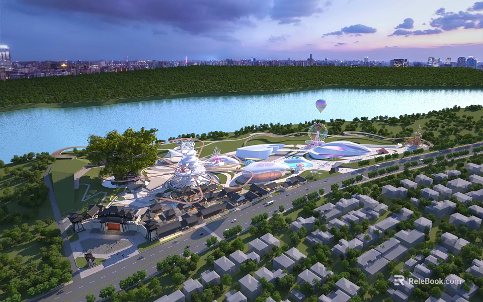 Scenic Riverside Amusement Park With Green Landscape Colorful Rides Hot Air Balloon And Surrounding Buildings 3d model 
