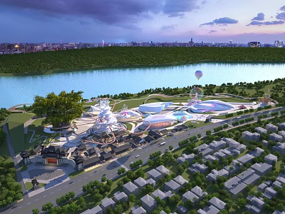 Scenic Riverside Amusement Park With Green Landscape Colorful Rides Hot Air Balloon And Surrounding Buildings 3d model