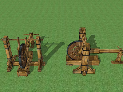 Wooden Garden Ornaments With Water Wheel And Mechanical Structure On Green Grass 3d model