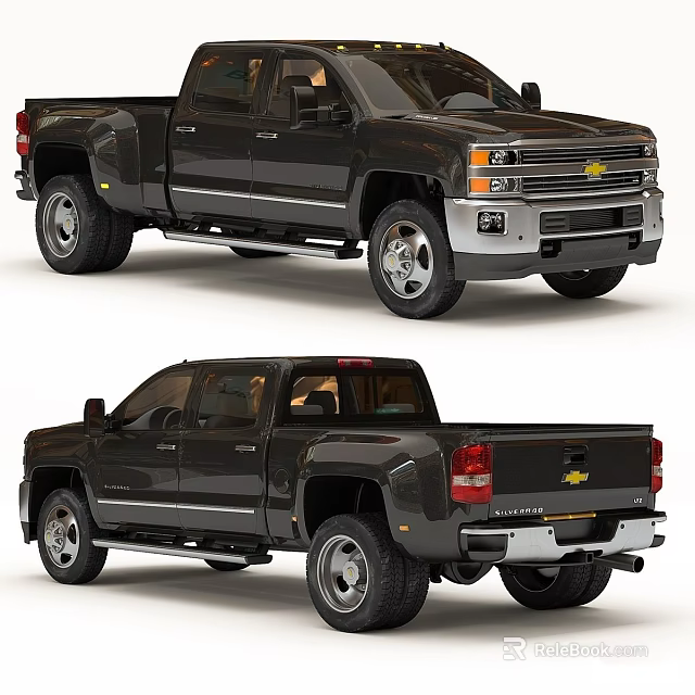 Detailed Black Chevrolet Double Cab Pickup Truck Front and Rear Views 3d model 