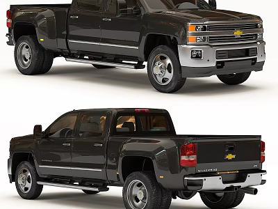 Detailed Black Chevrolet Double Cab Pickup Truck Front and Rear Views 3d model